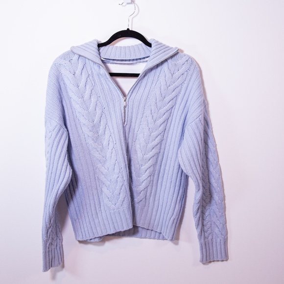 NAADAM Wool Cashmere Open Back Cable Knit Quarter Zip Pullover Sweater Blue M - Picture 1 of 5